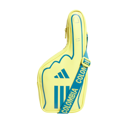 A yellow foam-finger shaped crossbody bag from Adidas with teal accents and a 'COLOMBIA' branded strap.