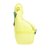 Bright yellow asymmetrical sling bag with a blue strap and yellow lettering, set against a black background.
