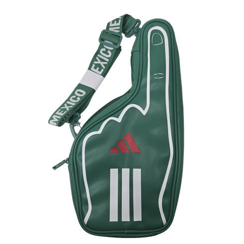 Green Adidas foam-finger-shaped bag with a red logo, white stripes, and a green "MEXICO" branded strap against a black background.