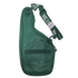 A dark green asymmetrical sling bag with a wide woven strap featuring "MEXICO" in white text, set against a solid black background.
