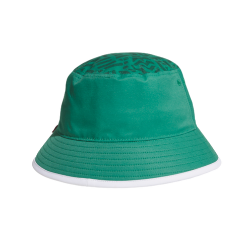 A green bucket hat with a dark green patterned crown and a white-trimmed brim, set against a solid black background.