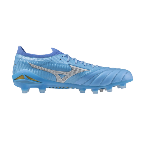 Side view of a light blue Mizuno soccer cleat with a silver logo and a knit collar.