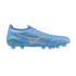 Side view of a light blue Mizuno soccer cleat with a silver logo and a knit collar.