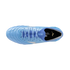 Top-down view of a light blue Mizuno soccer cleat with matching laces and a textured upper, set against a solid black background.