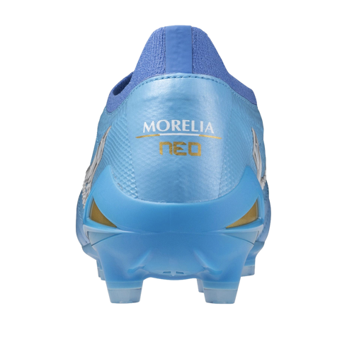 Rear view of a light blue soccer cleat with "MORELIA NEO" in white and gold on the heel, featuring an external heel counter and visible studs.