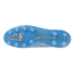 Bottom view of a light blue Mizuno soccer cleat showing the stud pattern and silver-accented soleplate.
