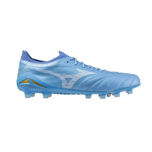Side profile of a light blue Mizuno football boot with white branding and gold accents, isolated on a solid black background.
