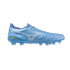 Side profile of a light blue Mizuno football boot with white branding and gold accents, isolated on a solid black background.