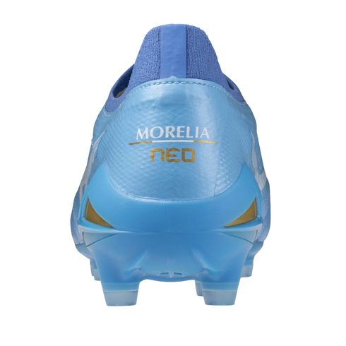 A back view of a light blue soccer cleat with gold "MORELIA NEO" lettering on the heel.