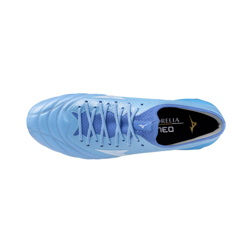 Top-down view of a light blue Mizuno soccer cleat with matching laces, set against a solid black background.