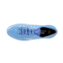Top-down view of a light blue Mizuno soccer cleat with matching laces, set against a solid black background.