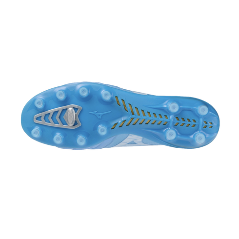 Bottom soleplate of a light blue soccer cleat with circular studs and silver and gold structural accents.