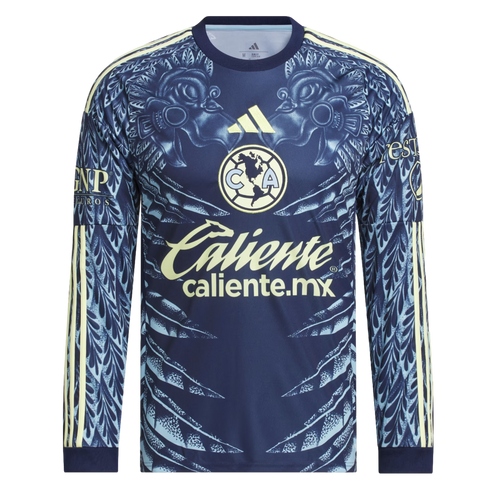 Navy blue Adidas Club América long-sleeve jersey featuring pale yellow logos and large light blue pre-Hispanic eagle warrior patterns on the shoulders and sleeves.