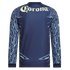 Back of a navy soccer jersey with a cream "Corona" logo and light blue feather patterns on the sleeves and lower sides.