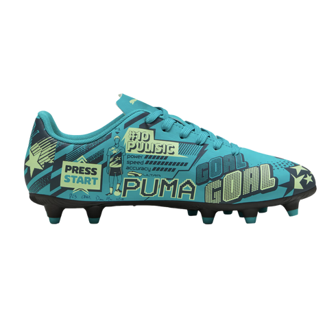 Teal Puma soccer cleat with a retro video game theme featuring "#10 PULISIC", "PRESS START", and lime green graphics. Isolated on a black background.