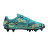 Teal Puma soccer cleat with a retro video game theme featuring "#10 PULISIC", "PRESS START", and lime green graphics. Isolated on a black background.