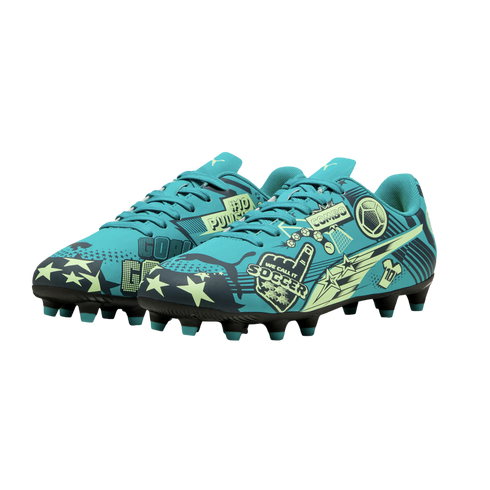 A pair of teal Puma soccer cleats decorated with lime green and black comic-style graphics, including stars and the words "SOCCER" and "GOAL."