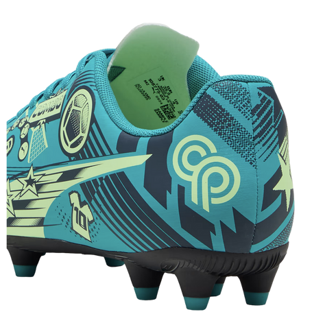 Teal and navy blue soccer cleat with graphic prints, stars, and a "CP" logo, shown from a rear-side perspective.