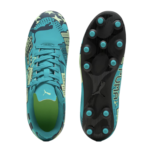 Top and bottom views of a teal Puma soccer cleat with comic-style graphics and stars. The black sole features teal studs, and the shoe's interior is bright lime green.
