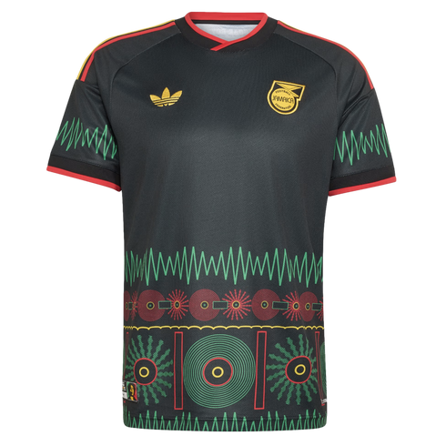 Black Adidas Jamaica football jersey featuring gold logos and a vibrant red, green, and yellow sound wave and vinyl record pattern on the sleeves and lower body.