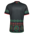 Back view of a black Reggae Boyz soccer jersey with green zigzag sleeve patterns and a vibrant red, yellow, and green graphic design along the bottom.