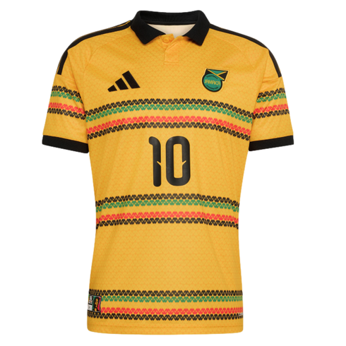 Yellow Adidas Jamaica national football jersey with black collar, number 10, and horizontal green, red, and black patterned bands.