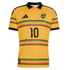 Yellow Adidas Jamaica national football jersey with black collar, number 10, and horizontal green, red, and black patterned bands.