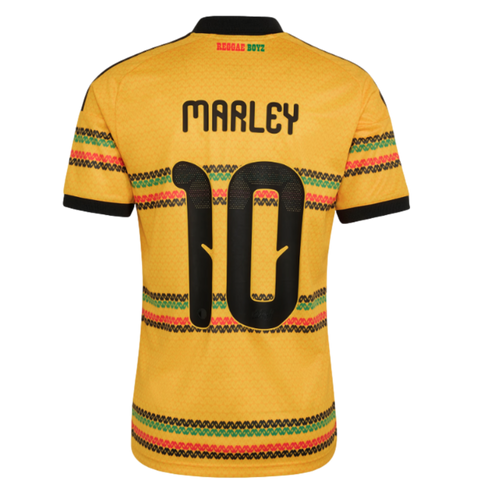 Back of a yellow Jamaica soccer jersey with "MARLEY" and "10" in black. Includes green, red, and black patterned bands and "REGGAE BOYZ" printed near the collar.