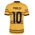 Back of a yellow Jamaica soccer jersey with "MARLEY" and "10" in black. Includes green, red, and black patterned bands and "REGGAE BOYZ" printed near the collar.