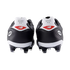 Rear view of black and white New Balance 442 soccer cleats against a black background, featuring red logos on the white heel counters.