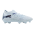 Side view of a light blue Puma soccer cleat with iridescent logos and clear studs against a solid black background.