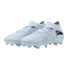 Light blue and white Puma soccer cleats with textured uppers and dark blue branding, isolated on a black background.