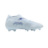 A profile view of a light blue and white soccer cleat with purple accents and a translucent studded sole, isolated on a black background.