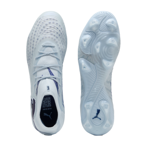 Top and bottom views of a light blue Puma soccer cleat with a textured upper, blue accents, and a translucent-studded soleplate.