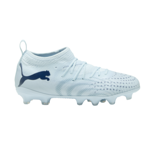 Side view of a light blue Puma soccer cleat with a dark blue logo, isolated on a black background.