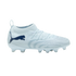 Side view of a light blue Puma soccer cleat with a dark blue logo, isolated on a black background.