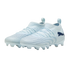 Light blue Puma soccer cleats with textured uppers and dark blue logos on a solid black background.
