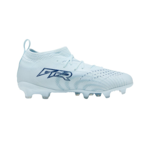 Light blue soccer cleat featuring a dark blue "GTR" logo, sock-like collar, and molded studs, shown against a solid black background.