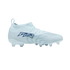 Light blue soccer cleat featuring a dark blue "GTR" logo, sock-like collar, and molded studs, shown against a solid black background.