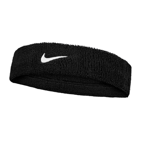 Black Nike terry cloth headband featuring a white embroidered swoosh logo on the front.