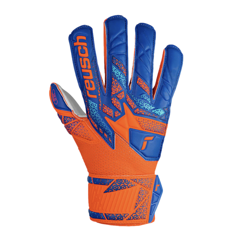 Vibrant orange and blue Reusch goalkeeper glove with geometric patterns against a black background.