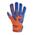 Vibrant orange and blue Reusch goalkeeper glove with geometric patterns against a black background.