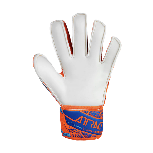 White goalkeeper glove with orange and blue wrist strap reading "ATTRAKT" and "BE THE ONE." on a black background.