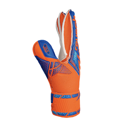 An orange and blue Reusch goalkeeper glove with blue geometric patterns and the word "SOLID" on the thumb, isolated on a black background.