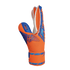 An orange and blue Reusch goalkeeper glove with blue geometric patterns and the word "SOLID" on the thumb, isolated on a black background.