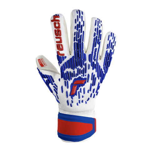 Backhand view of a white Reusch goalkeeper glove with blue textured patterns and red accents on the logo and wrist strap, isolated on a black background.