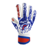 Backhand view of a white Reusch goalkeeper glove with blue textured patterns and red accents on the logo and wrist strap, isolated on a black background.