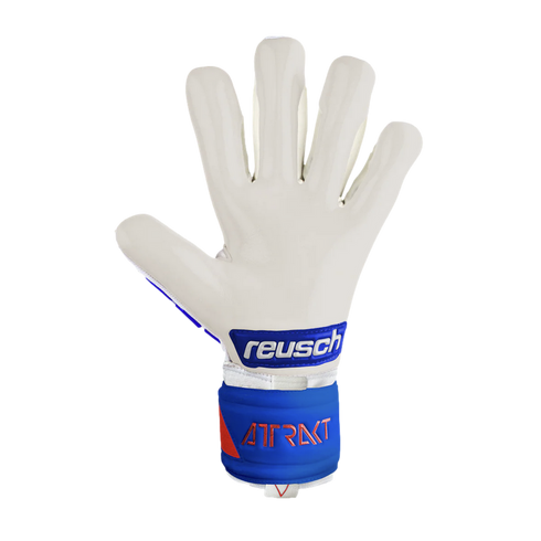 White Reusch Attrakt goalkeeper glove with a blue wrist strap and orange lettering.
