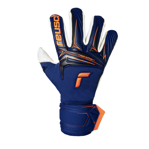Navy blue Reusch goalkeeper glove with bright orange accents, 'FINGER SUPPORT' branding, and white detailing on the thumb and fingers.