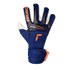 Navy blue Reusch goalkeeper glove with bright orange accents, 'FINGER SUPPORT' branding, and white detailing on the thumb and fingers.